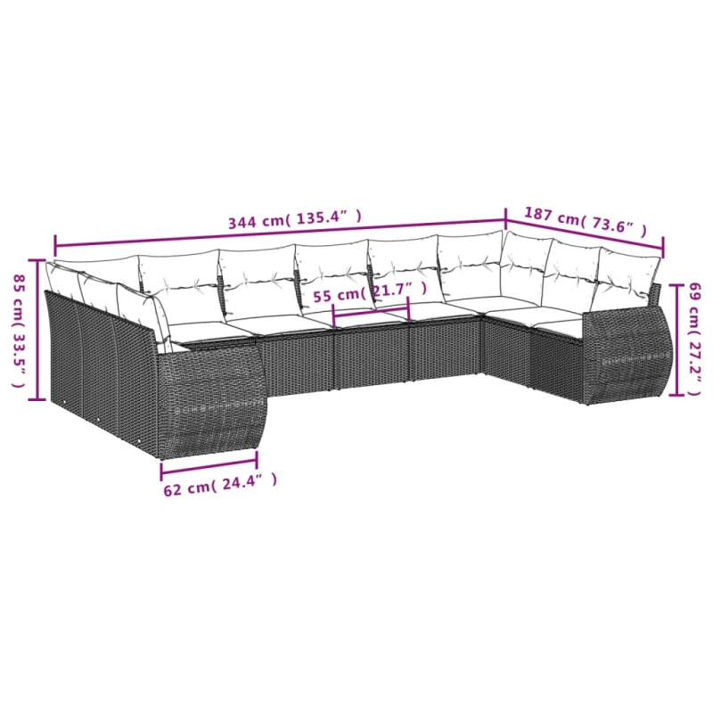 vidaXL 11-daļīgs dārza dīvāna komplekts, matrači, brūna PE rotangpalma