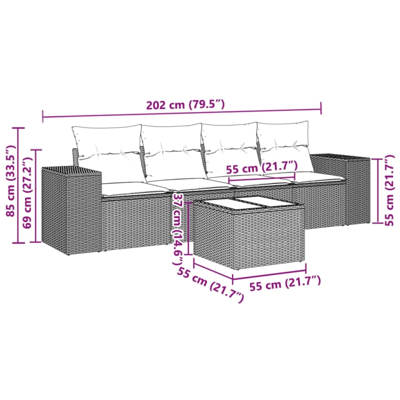 vidaXL 5-daļīgs dārza dīvānu komplekts,matrači, gaiši pelēka PE pinums