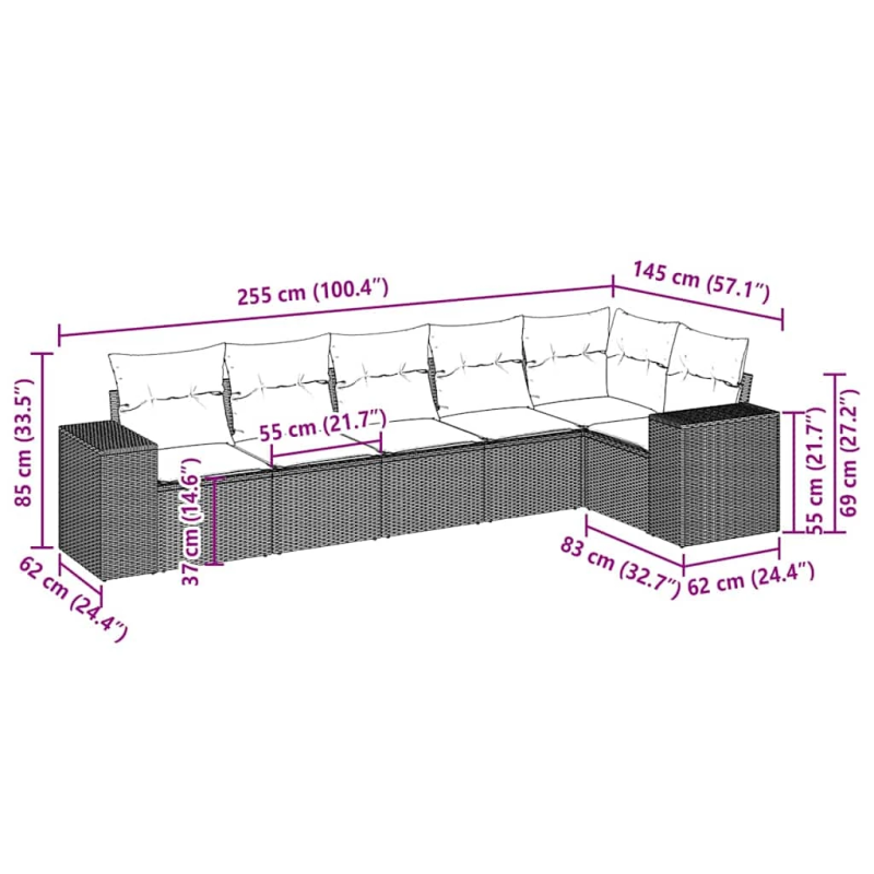 vidaXL 6-daļīgs dārza dīvānu komplekts,matrači, gaiši pelēka PE pinums