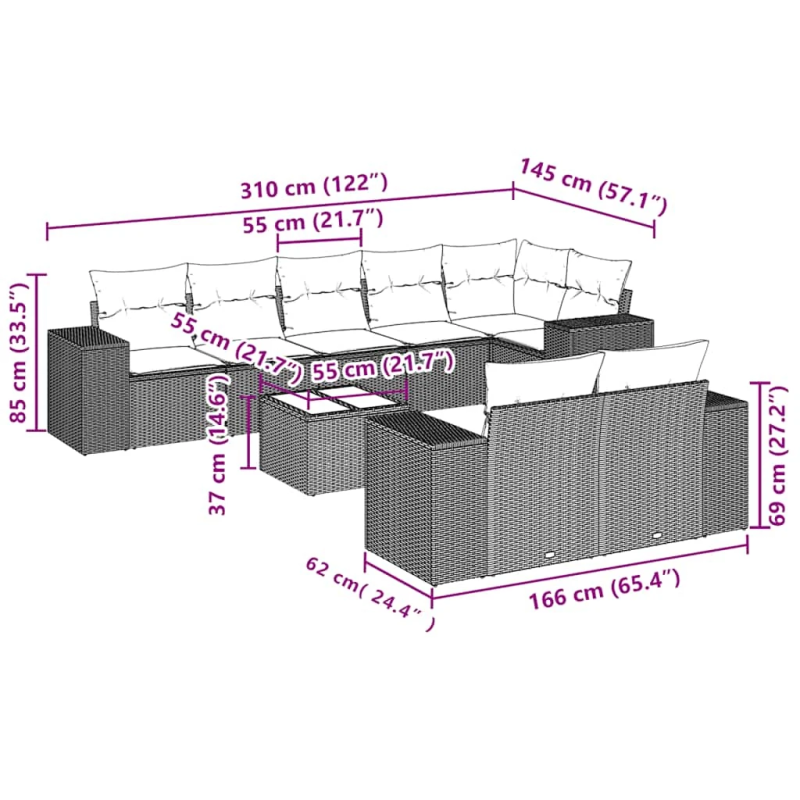 vidaXL 9-daļīgs dārza dīvāna komplekts,matrači, gaiši pelēka PE pinums