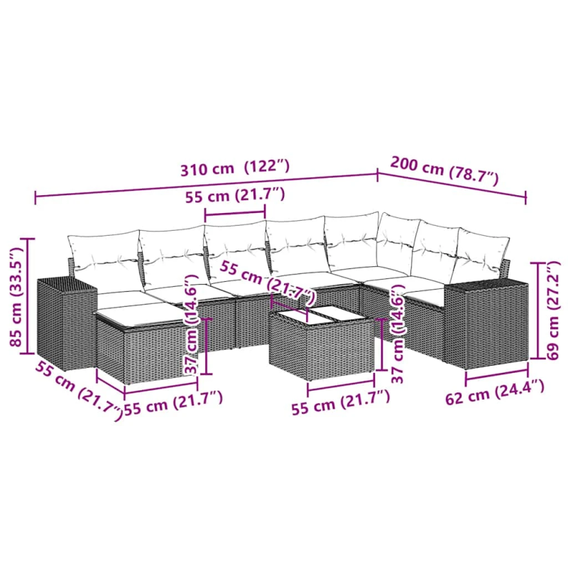 vidaXL 9-daļīgs dārza dīvāna komplekts,matrači, gaiši pelēka PE pinums