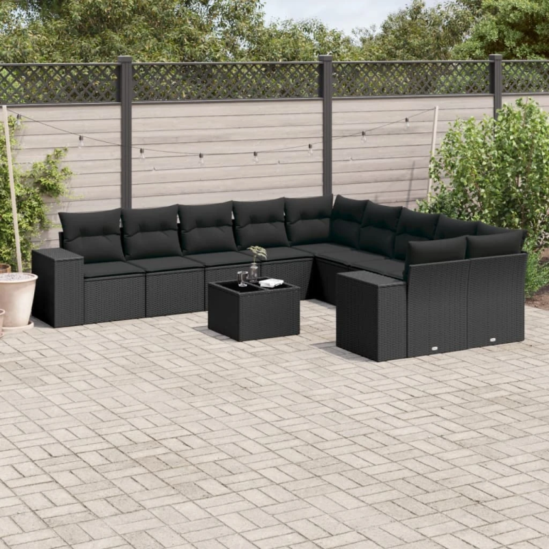 vidaXL 11-daļīgs dārza dīvāna komplekts, matrači, melna PE rotangpalma