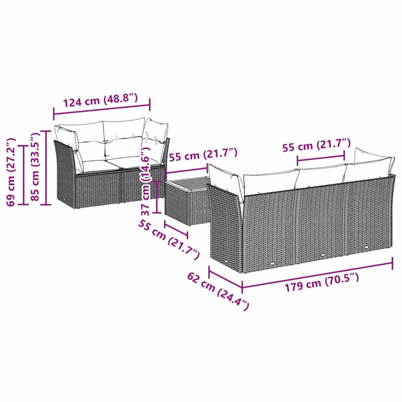 vidaXL 6-daļīgs dārza dīvāna komplekts, matrači, melna PE rotanpalma
