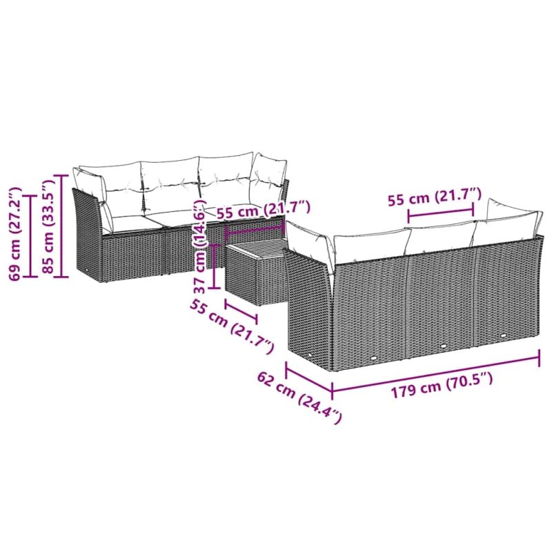 vidaXL 7-daļīgs dārza dīvāna komplekts ar matračiem, melna PE