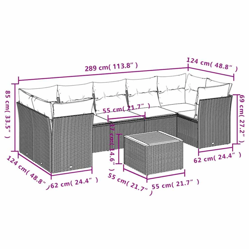 vidaXL 8-daļīgs dārza dīvāna komplekts ar matračiem pelēka rotangpalma