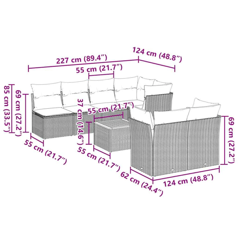 vidaXL 8-daļīgs dārza dīvāna komplekts ar matračiem pelēka rotangpalma