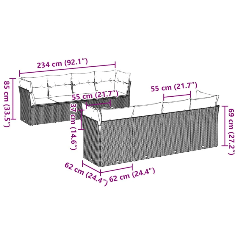 vidaXL 9-daļīgs dārza dīvāna komplekts ar matračiem pelēka rotangpalma