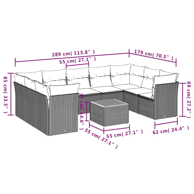 vidaXL 10-daļīgs dārza dīvāna komplekts, matrači, melna PE rotangpalma
