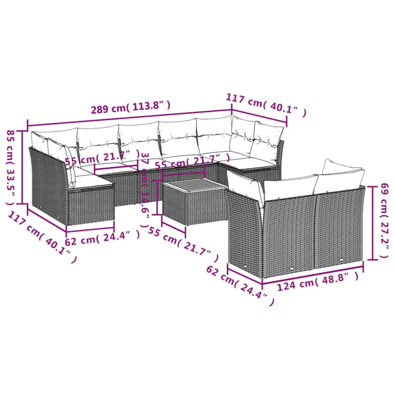 vidaXL 10-daļīgs dārza dīvāna komplekts, matrači, melna PE rotangpalma