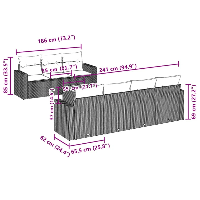 vidaXL 8-daļīgs dārza dīvāna komplekts ar matračiem pelēka rotangpalma