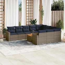 vidaXL 11-daļīgs dārza dīvāna komplekts ar matračiem, pelēks PE pinums