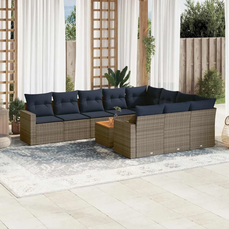 vidaXL 11-daļīgs dārza dīvāna komplekts ar matračiem, pelēks PE pinums