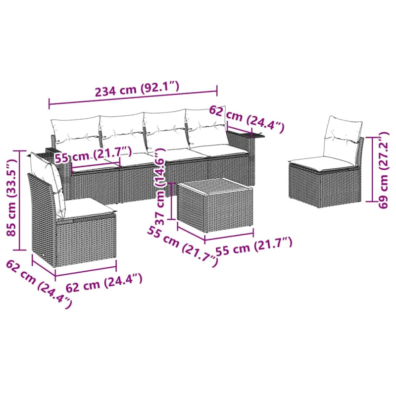 vidaXL 7-daļīgs dārza dīvāna komplekts ar matračiem, melna PE