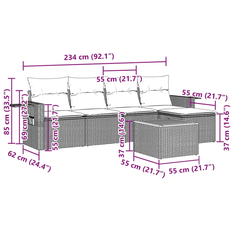 vidaXL 6-daļīgs dārza dīvāna komplekts, matrači, melna PE rotanpalma