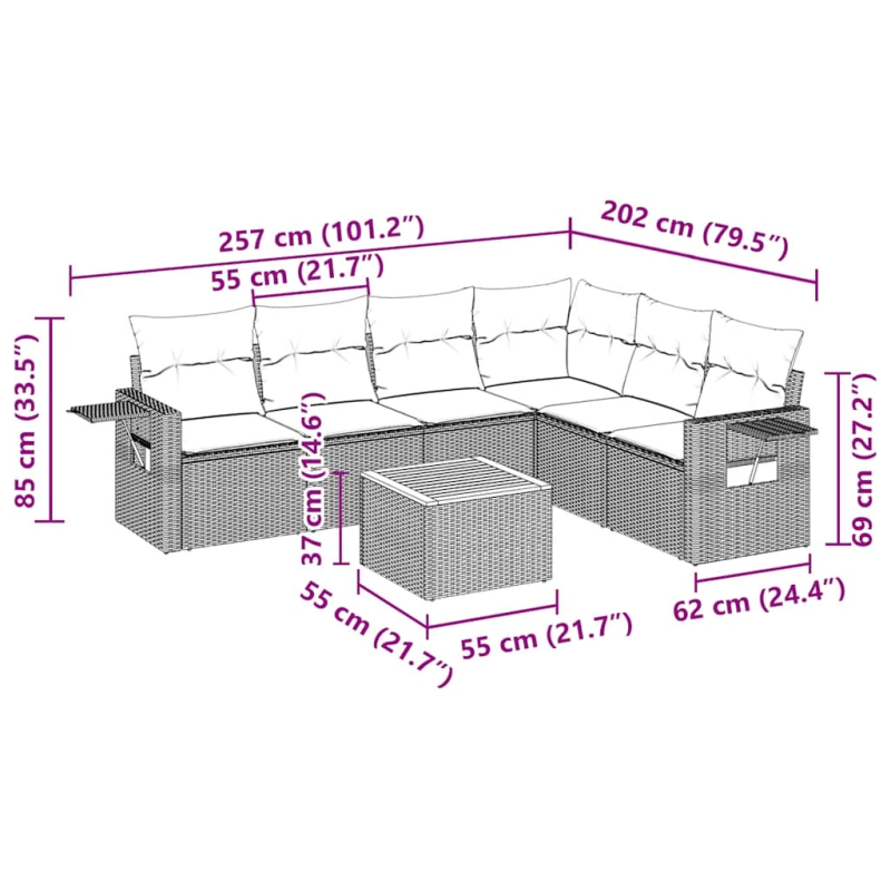 vidaXL 7-daļīgs dārza dīvāna komplekts ar matračiem, melna PE
