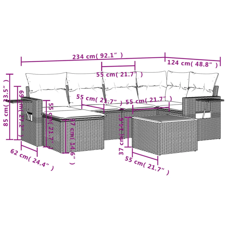 vidaXL 7-daļīgs dārza dīvāna komplekts ar matračiem, melna PE