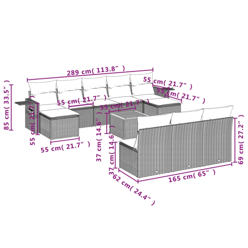 vidaXL 11-daļīgs dārza dīvāna komplekts, matrači, melna PE rotangpalma