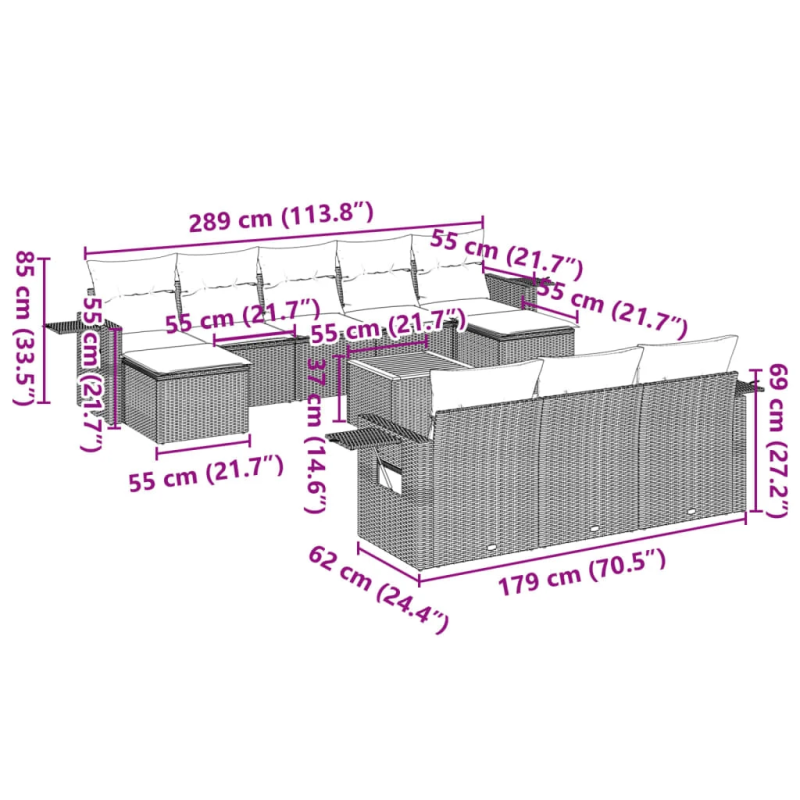 vidaXL 11-daļīgs dārza dīvāna komplekts, matrači, melna PE rotangpalma
