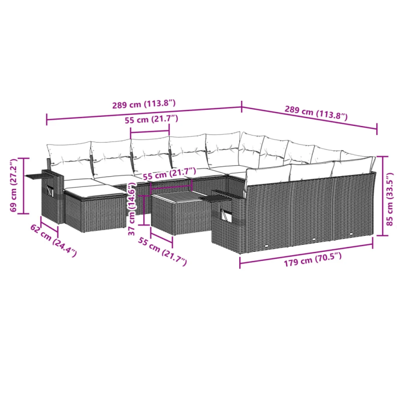 vidaXL 13-daļīgs dārza dīvānu komplekts ar matračiem, pelēks PE