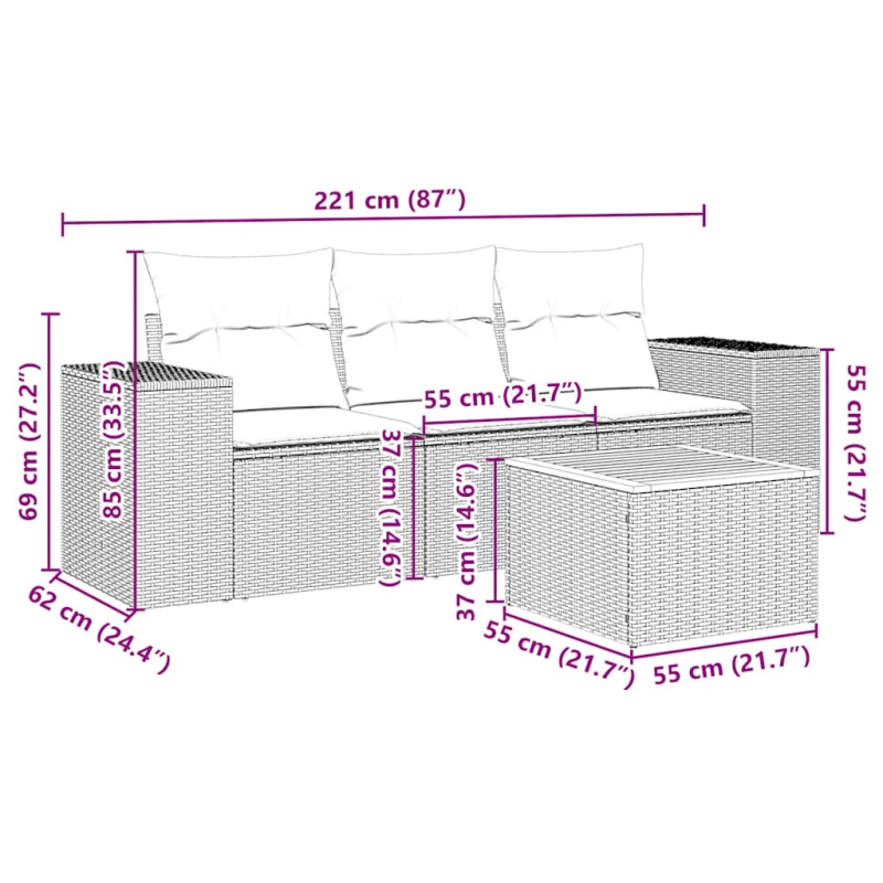 vidaXL 4-daļīgs dārza dīvāna komplekts ar matračiem, PE rotangpalma