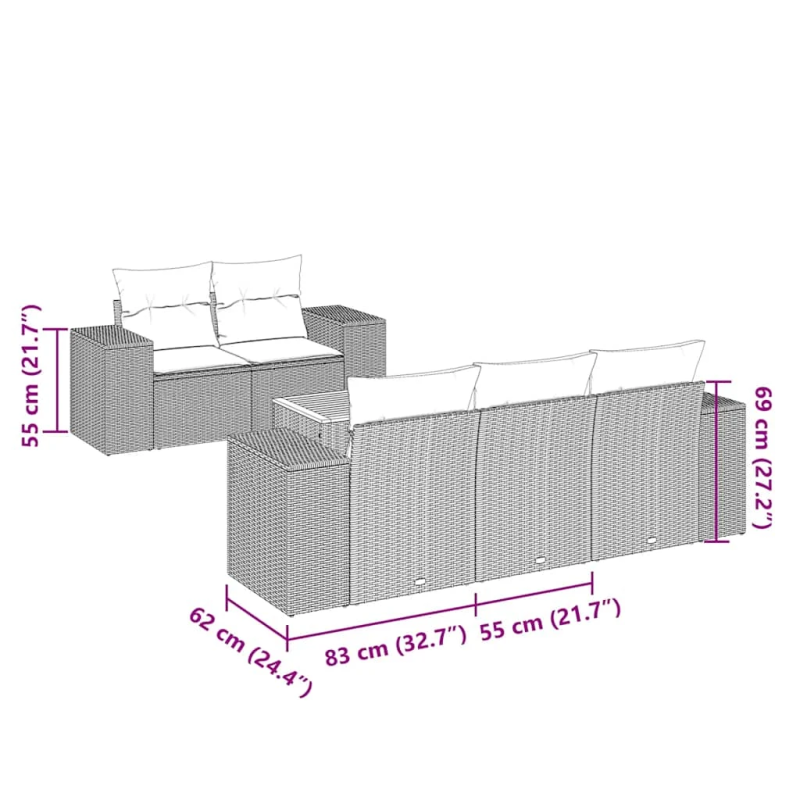 vidaXL 6-daļīgs dārza dīvāna komplekts, matrači, melna PE rotanpalma