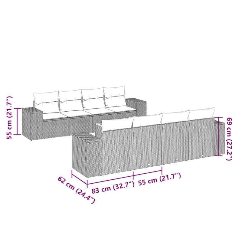 vidaXL 9-daļīgs dārza dīvāna komplekts, matrači, melna PE rotangpalma