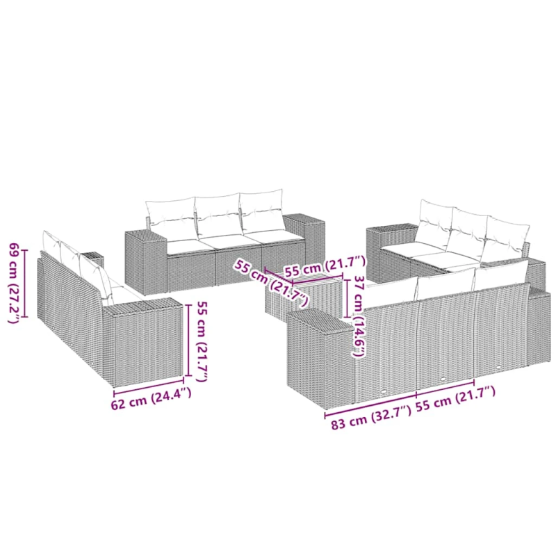 vidaXL 13-daļīgs dārza dīvāna komplekts ar matračiem, PE rotangpalma