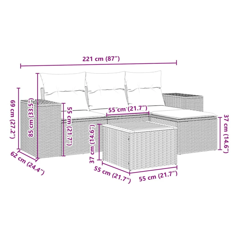 vidaXL 5-daļīgs dārza dīvāna komplekts ar matračiem, PE rotangpalma