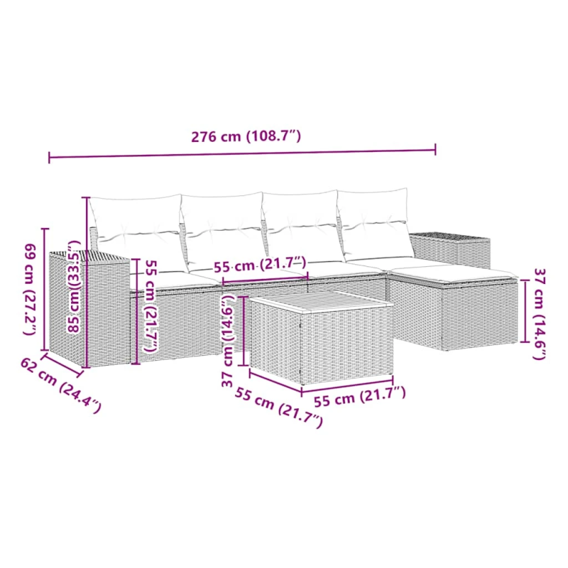vidaXL 6-daļīgs dārza dīvāna komplekts, matrači, melna PE rotanpalma