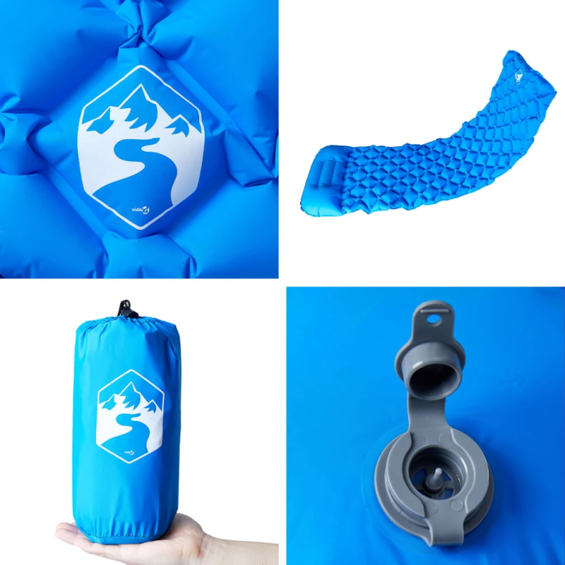 vidaXL piepūšams kempinga matracis, spilvens, vienvietīgs, zils