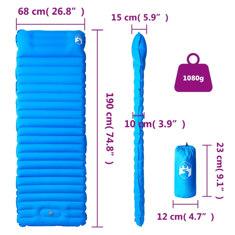 vidaXL pašpiepūšams kempinga matracis, spilvens, vienvietīgs, zils