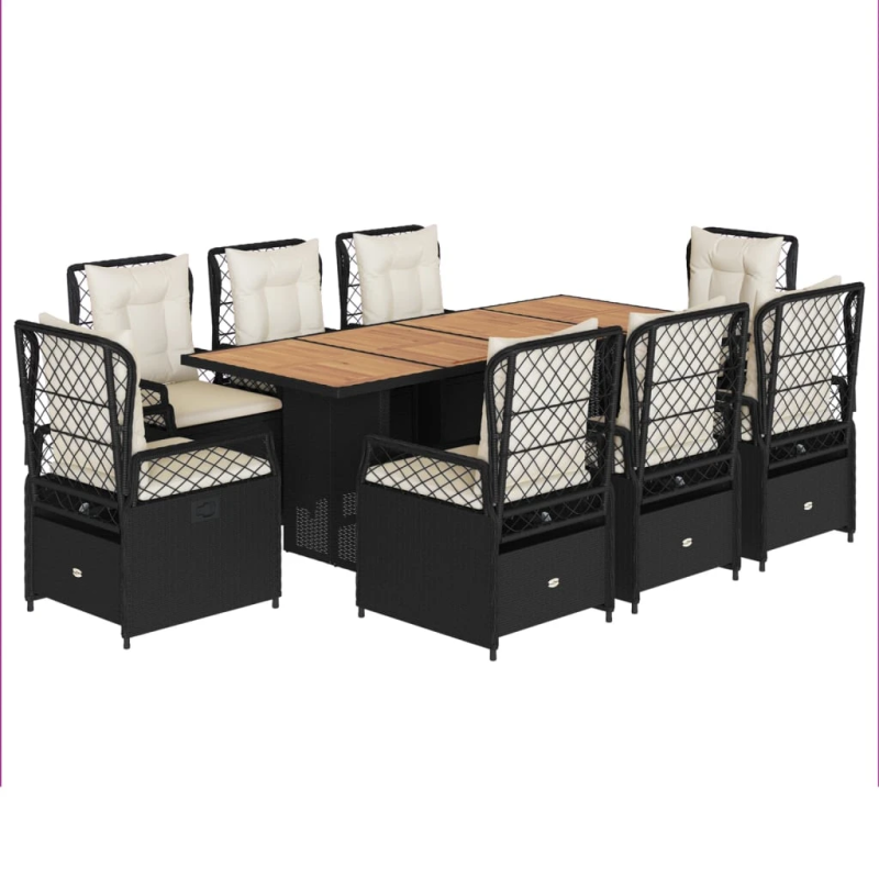 vidaXL 9-daļīgs dārza mēbeļu komplekts, matrači, melns, PE rotangpalma