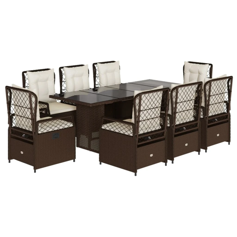 vidaXL 9-daļīgs dārza mēbeļu komplekts, matrači, brūna PE rotangpalma