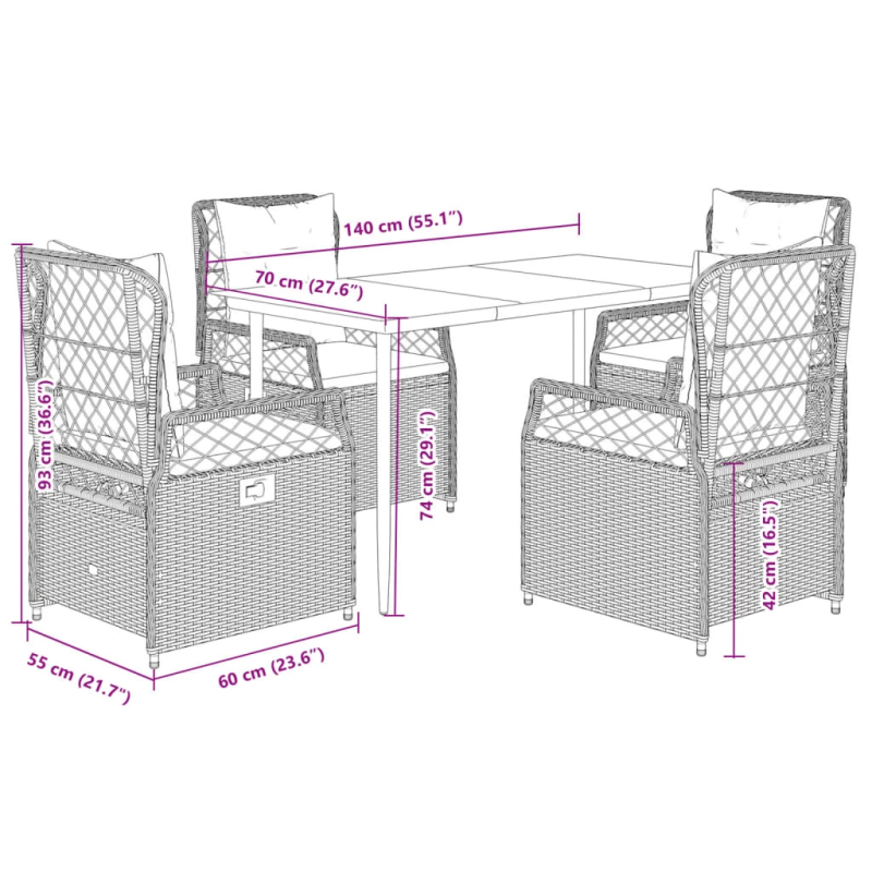 vidaXL 5-daļīgs dārza mēbeļu komplekts, matrači, melna PE rotangpalma