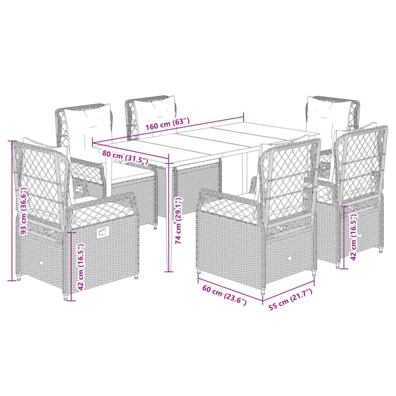 vidaXL 7-daļīgs dārza mēbeļu komplekts ar matračiem, PE rotangpalma