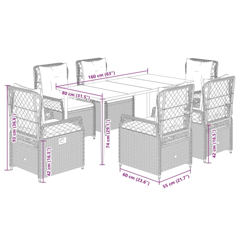 vidaXL 7-daļīgs dārza mēbeļu komplekts, matrači, pelēka PE rotangpalma