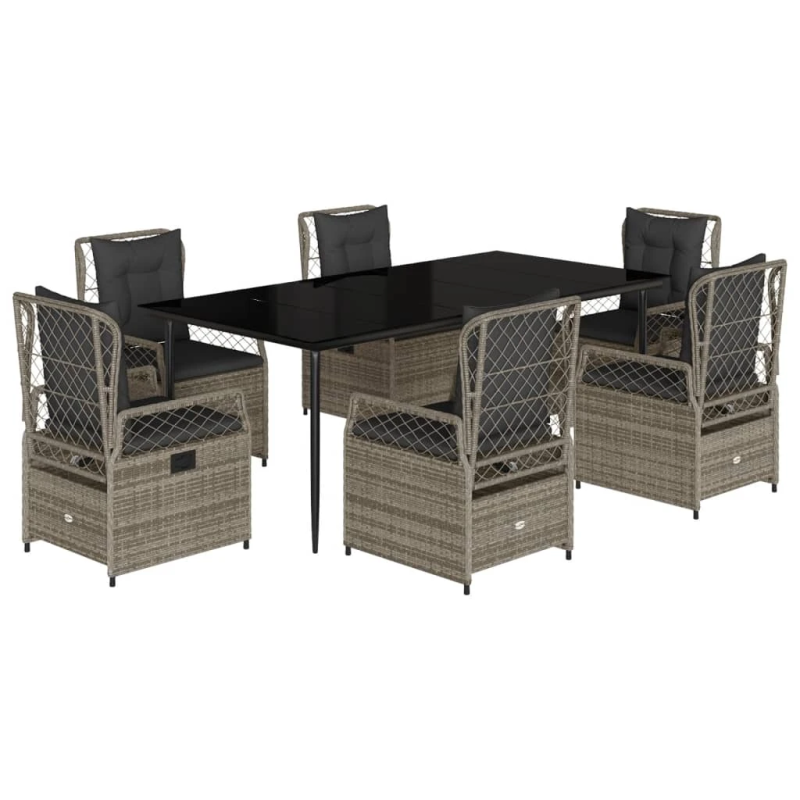 vidaXL 7-daļīgs dārza mēbeļu komplekts, matrači, pelēka PE rotangpalma