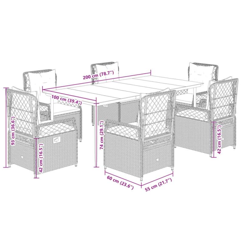 vidaXL 7-daļīgs dārza mēbeļu komplekts, matrači,gaiši pelēka PE pinums