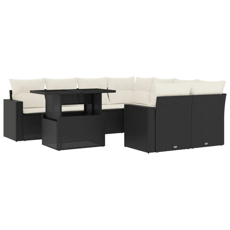 vidaXL 9-daļīgs dārza dīvāna komplekts, matrači, melna PE rotangpalma