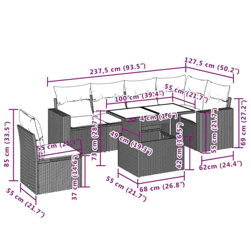 vidaXL 7-daļīgs dārza dīvāna komplekts, matrači, bēša PE rotangpalma