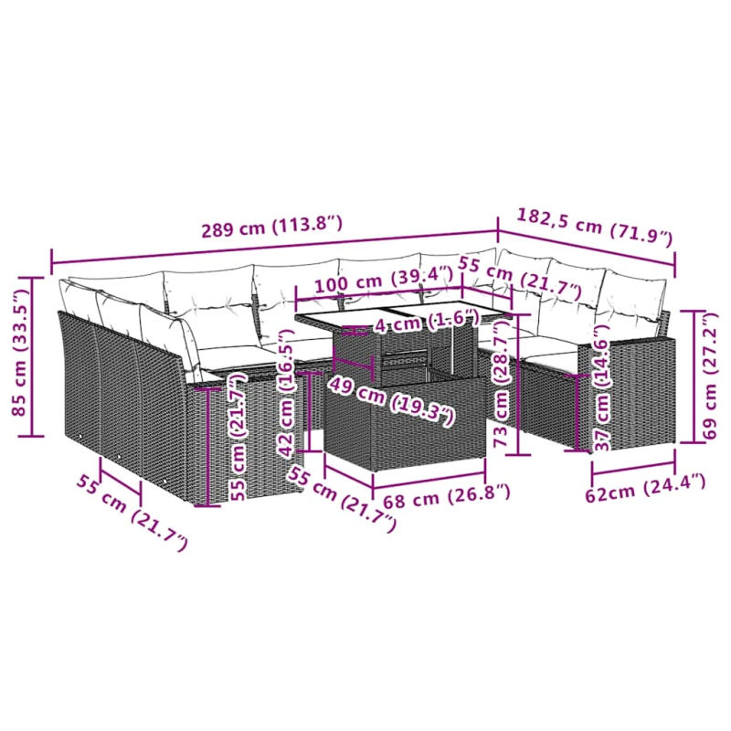 vidaXL 10-daļīgs dārza dīvāna komplekts, matrači, bēša PE rotangpalma