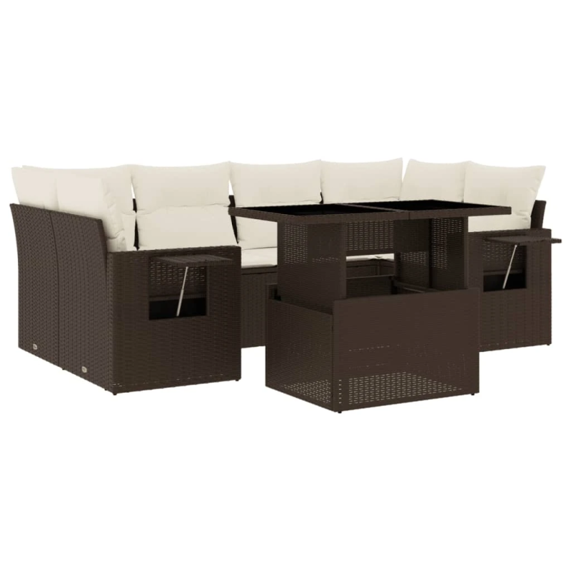 vidaXL 7-daļīgs dārza dīvānu komplekts, matrači, brūna PE rotangpalma