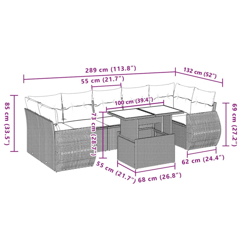 vidaXL 8-daļīgs dārza dīvāna komplekts, matrači, melna PE rotangpalma