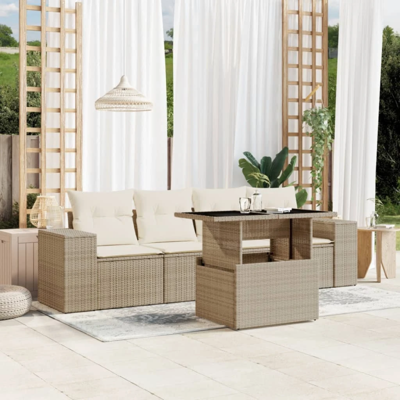 vidaXL 5-daļīgs dārza dīvāna komplekts, matrači, bēša PE rotangpalma