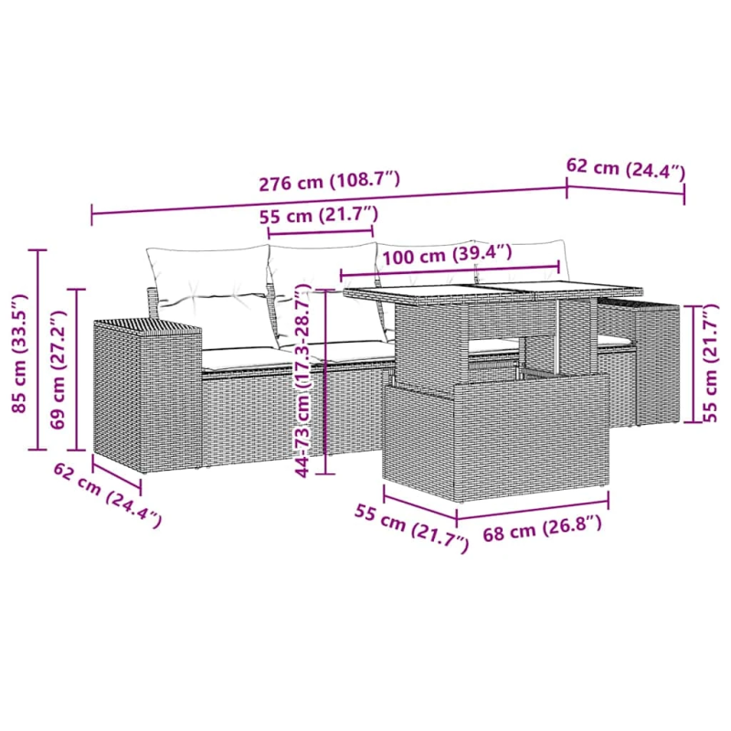 vidaXL 5-daļīgs dārza dīvānu komplekts,matrači, gaiši pelēka PE pinums
