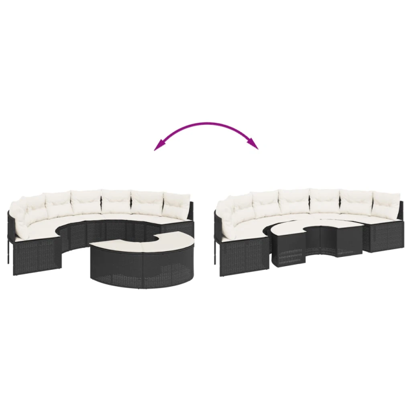 vidaXL 2-daļīgs dārza dīvāna komplekts, pusaplis, melna PE rotangpalma