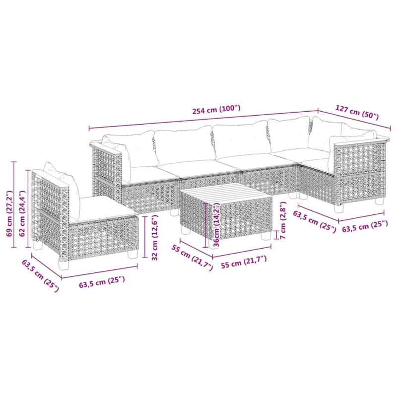 vidaXL 7-daļīgs dārza dīvāna komplekts, matrači, bēša PE rotangpalma