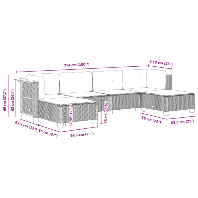 vidaXL 6-daļīgs dārza dīvāna komplekts ar matračiem, pelēks PE pinums