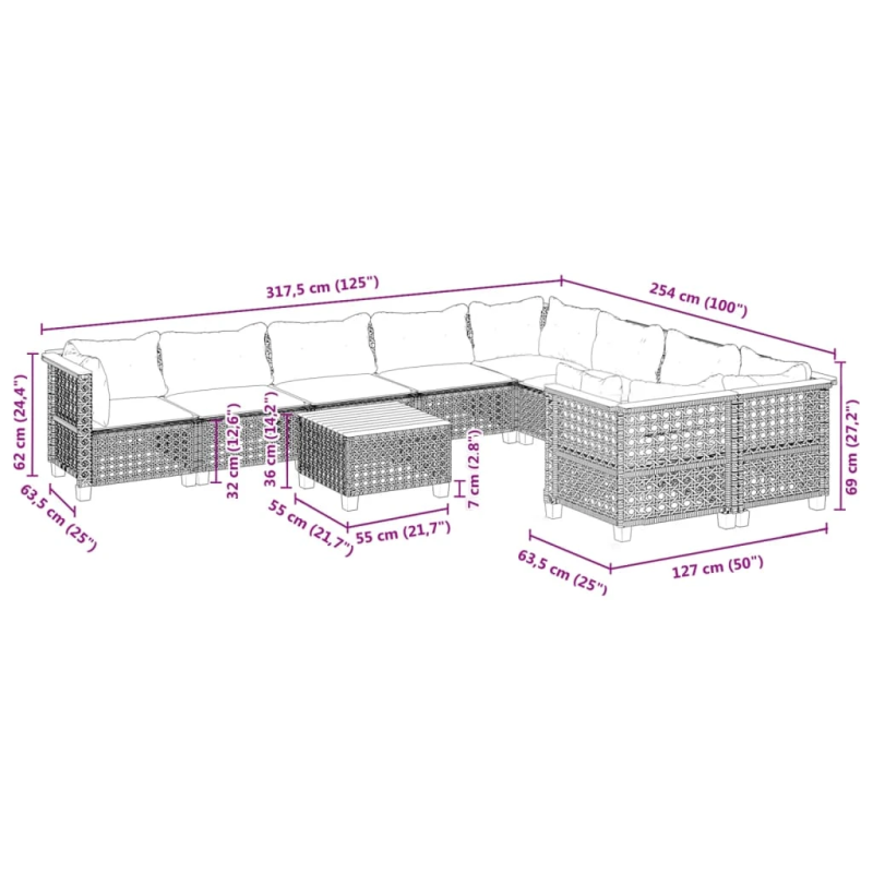vidaXL 10-daļīgs dārza dīvāna komplekts, matrači, melna PE rotangpalma
