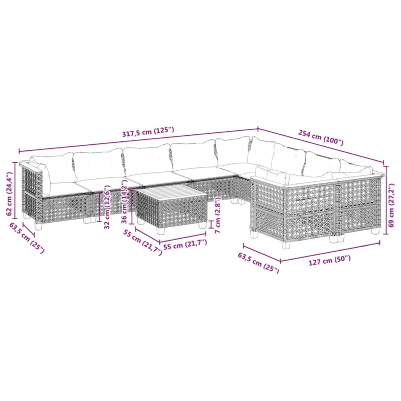 vidaXL 10-daļīgs dārza dīvāna komplekts ar matračiem, pelēks PE pinums